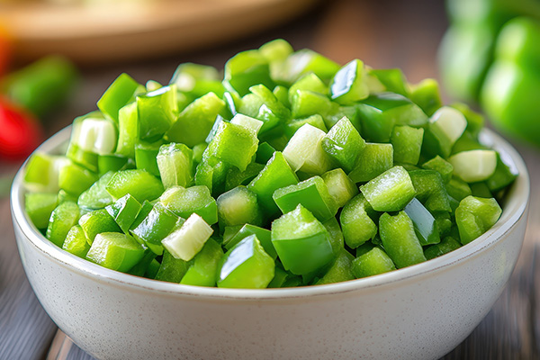 A bowl of chopped vegetables. 