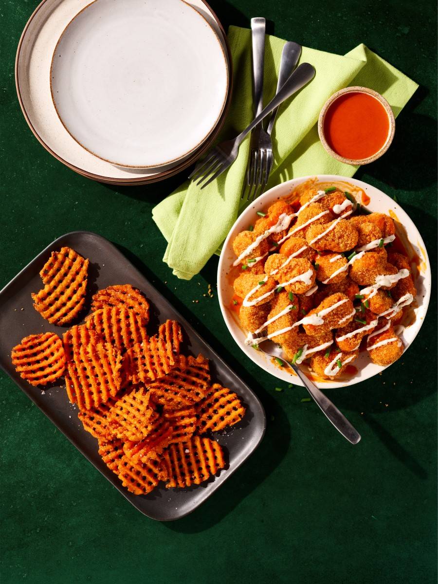 Buffalo nuggets on a plate.