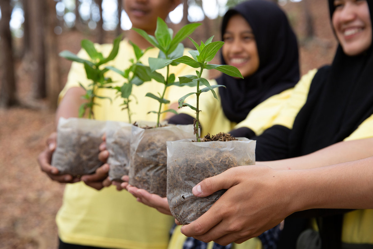 Four people in yellow shirts standing with tree saplings in their hands