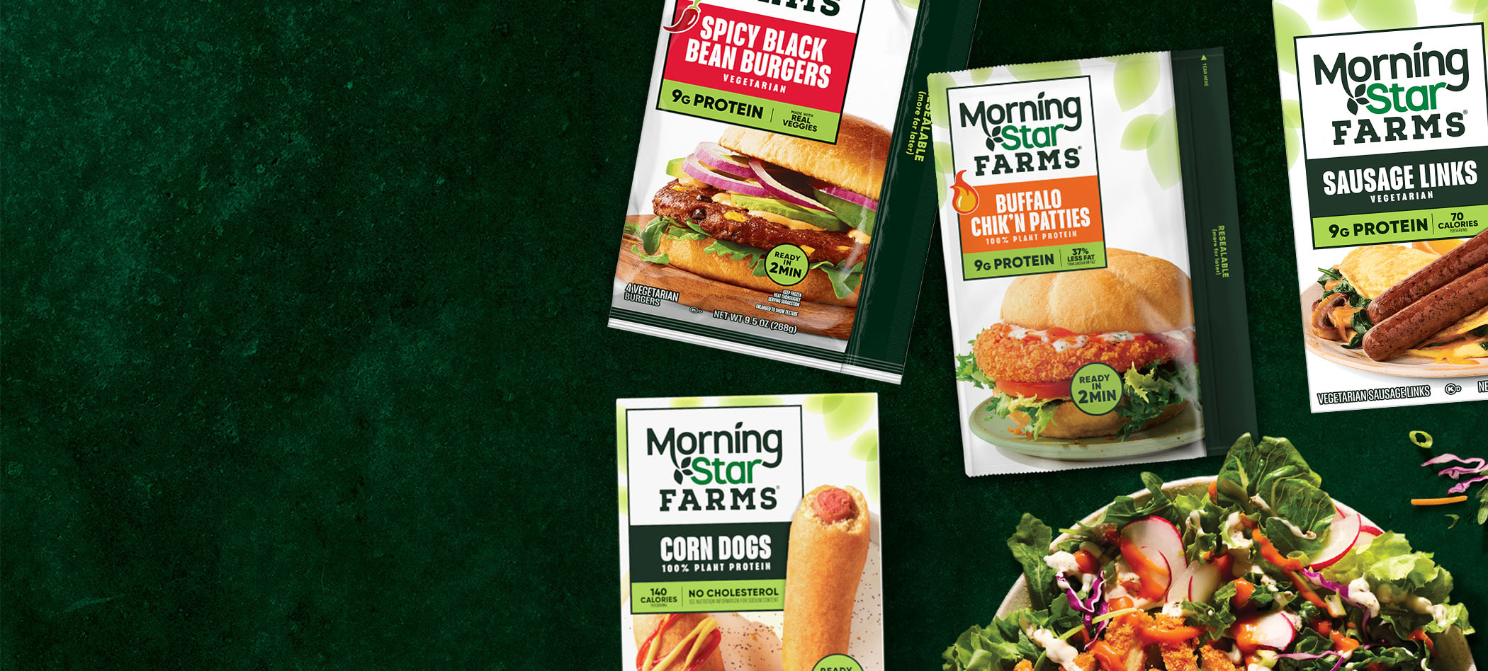 Various MorningStar Farms packages on a green background.