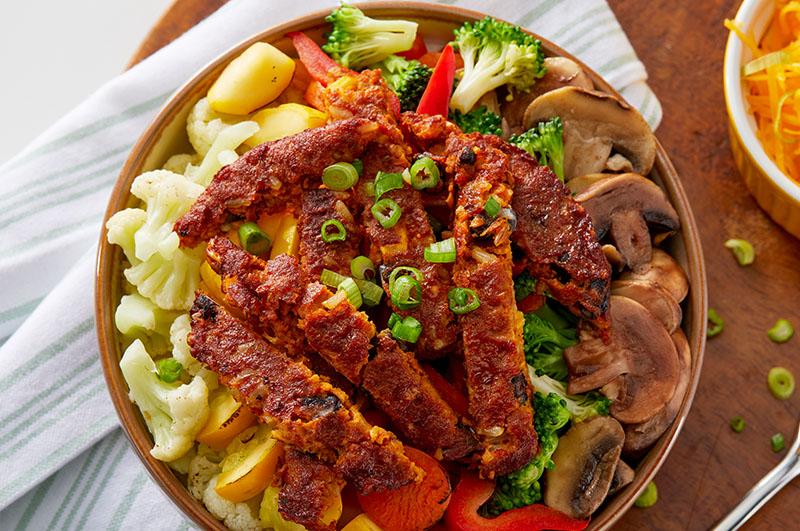 SPICY BLACK BEAN VEGGIE BURGER BOWL