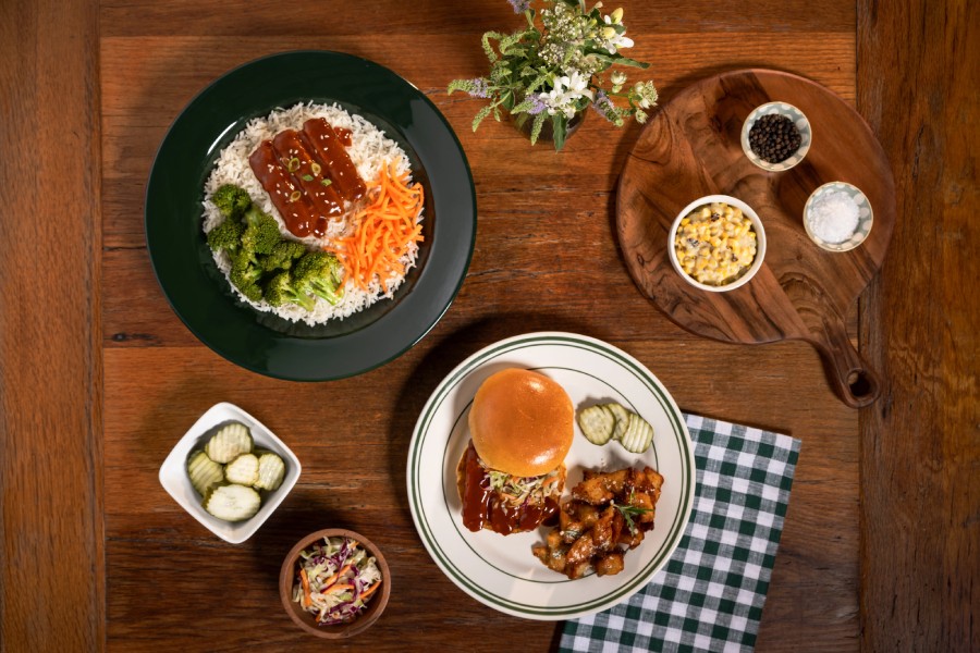 Rice Bowls and Riblets Sandwiches made with MorningStar Farms Riblets, and various toppings